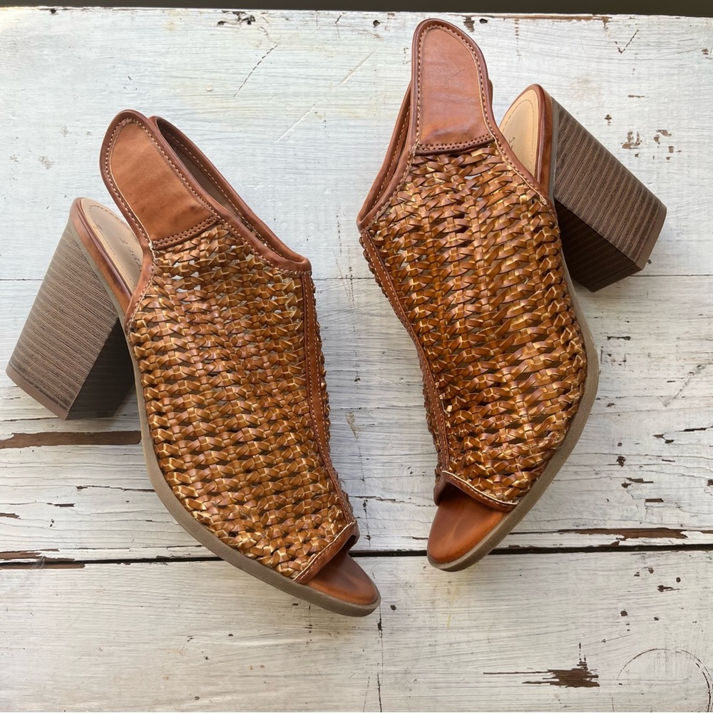 Indigo Rd Brown Faux Leather Woven Rattan Open Toe Block Heel Sandal